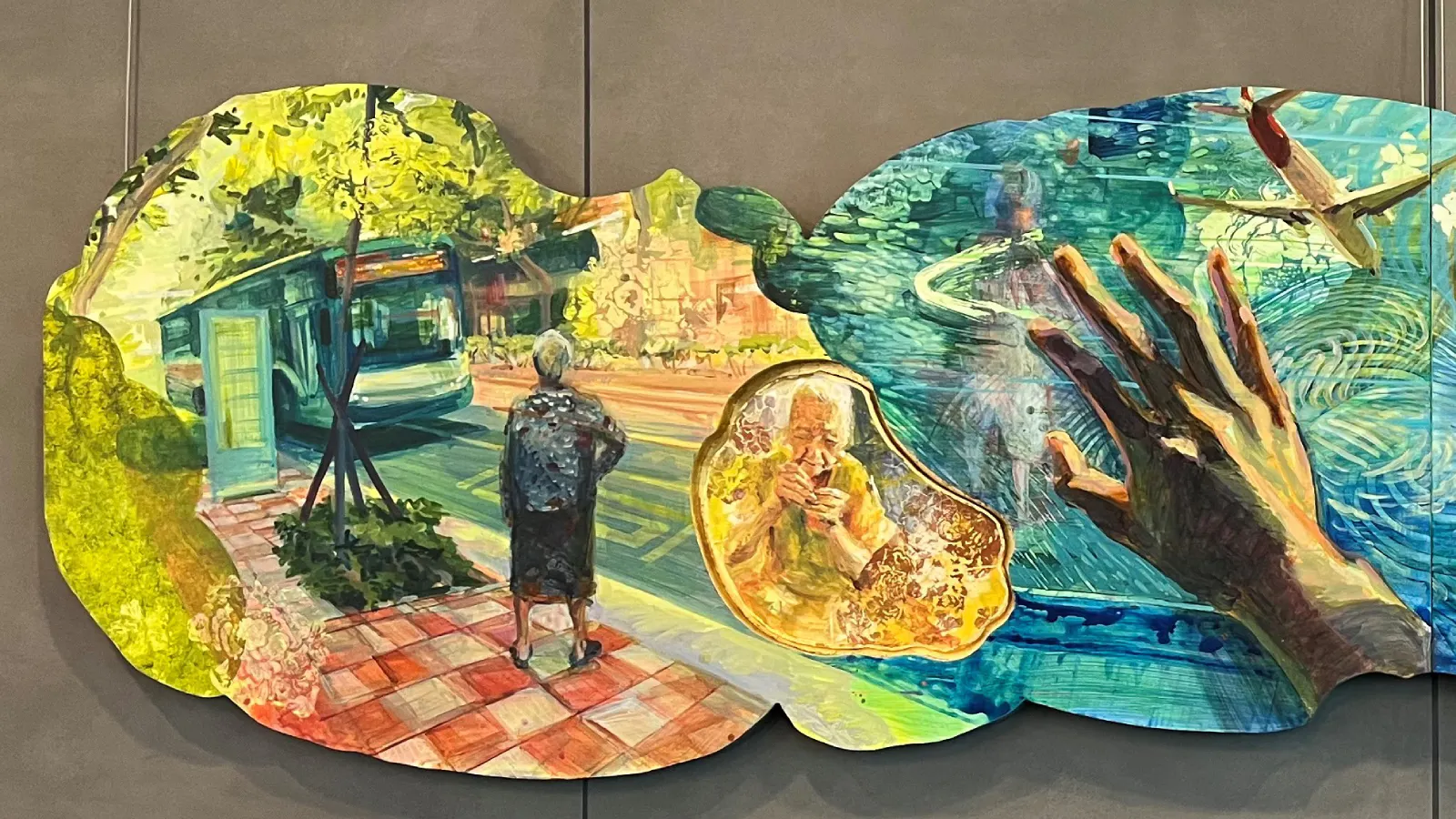 Close-up of a mural showing an elderly woman walking toward a bus stop, with a memory bubble of her younger self playing a trumpet, blending into a pool and airplane scene.