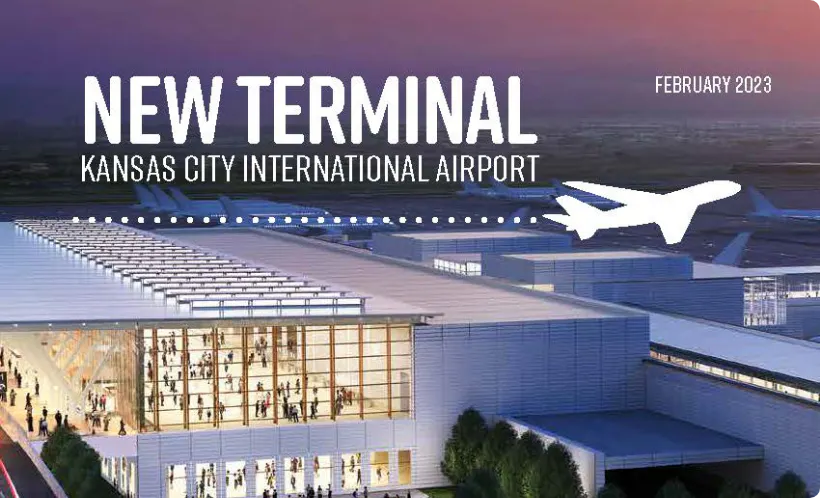 Example Image 2New terminal at Kansas City International Airport, February 2023, with glass facade and airplane graphic.
