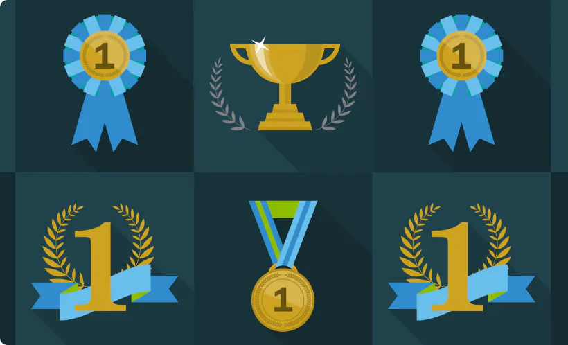 A collection of ribbons and medals for first place.