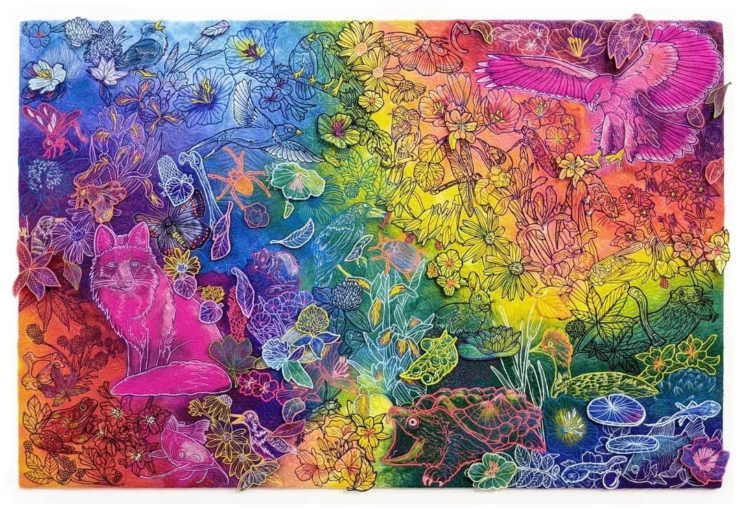 Vibrant nature-themed artwork featuring a fox, owl, frog, and birds among detailed floral and plant life, all outlined in fine lines over a rainbow gradient background.