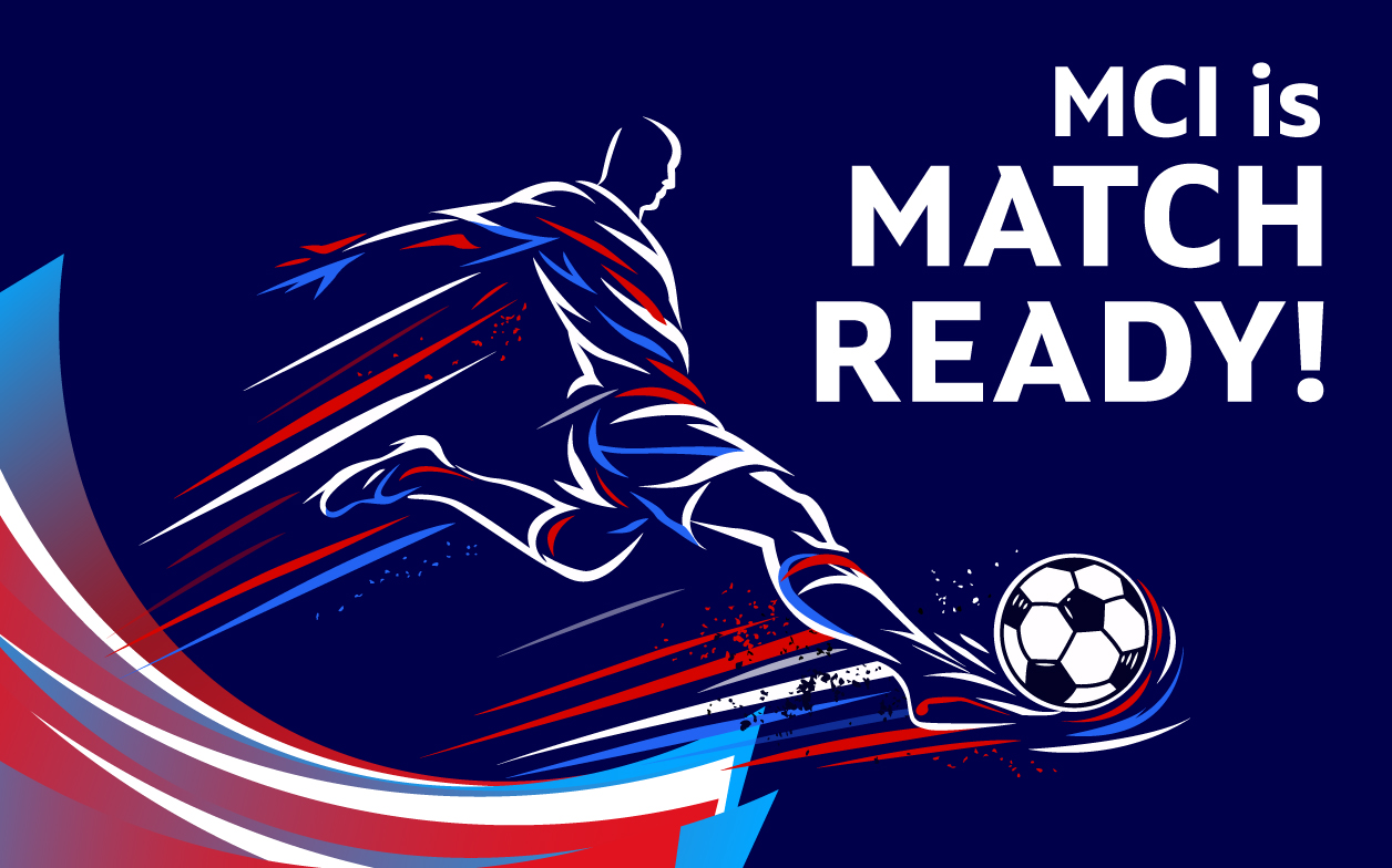 Graphic showing a soccer playing kicking a ball with dynamic swooshes