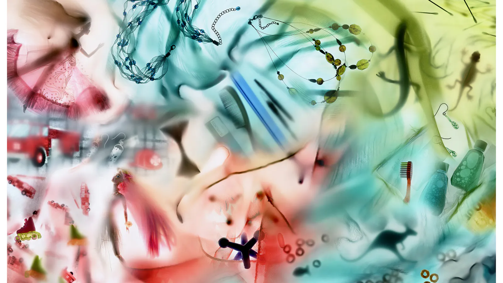Vibrant collage with airbrushed colors and layered images of jewelry, lizards, grooming tools, toys, and abstract forms blending into a dreamlike visual tapestry.