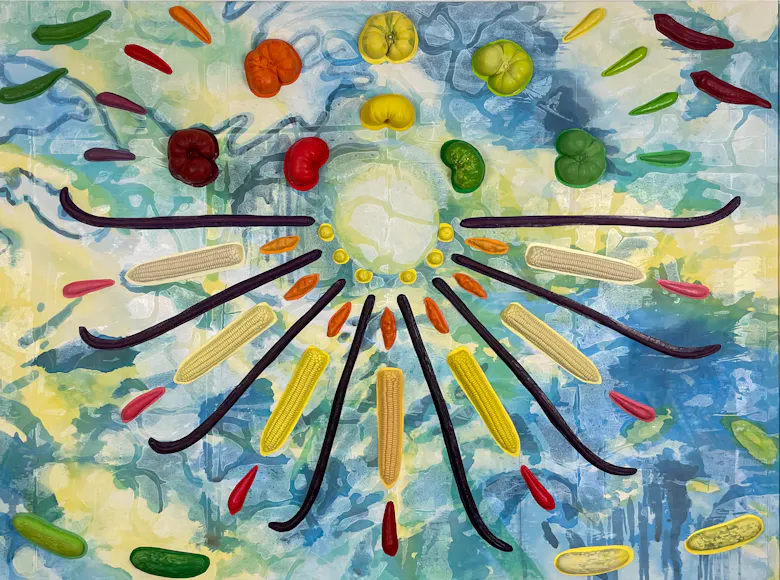 Colorful abstract artwork featuring botanical forms and microscopic shapes radiating symmetrically across a cloud-like blue and green background.