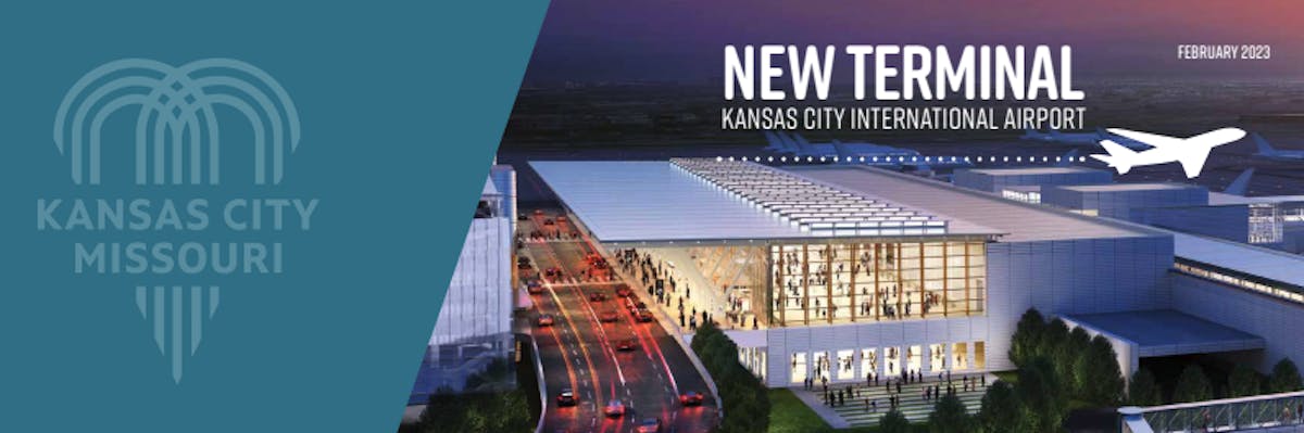 Artists's rendering of the Kansas City International Airport terminal showing a lighted departures hall with travelers inside and out.