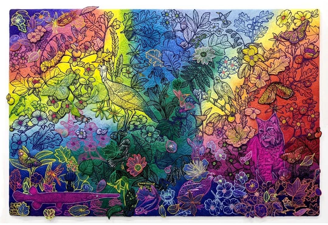 Colorful nature illustration featuring a lynx, peacock, and alligator surrounded by butterflies, birds, and dense floral patterns over a vivid rainbow gradient background.