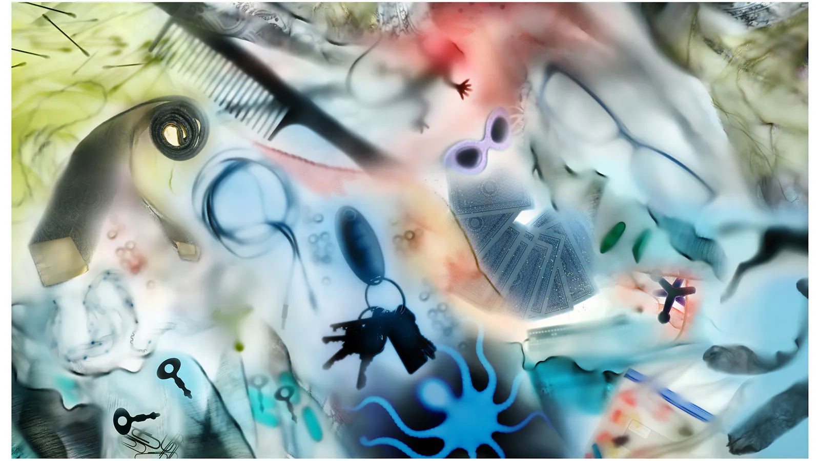 Surreal, layered composition featuring floating objects like keys, sunglasses, a comb, keys, playing cards, and abstract forms over a misty, airbrushed background.