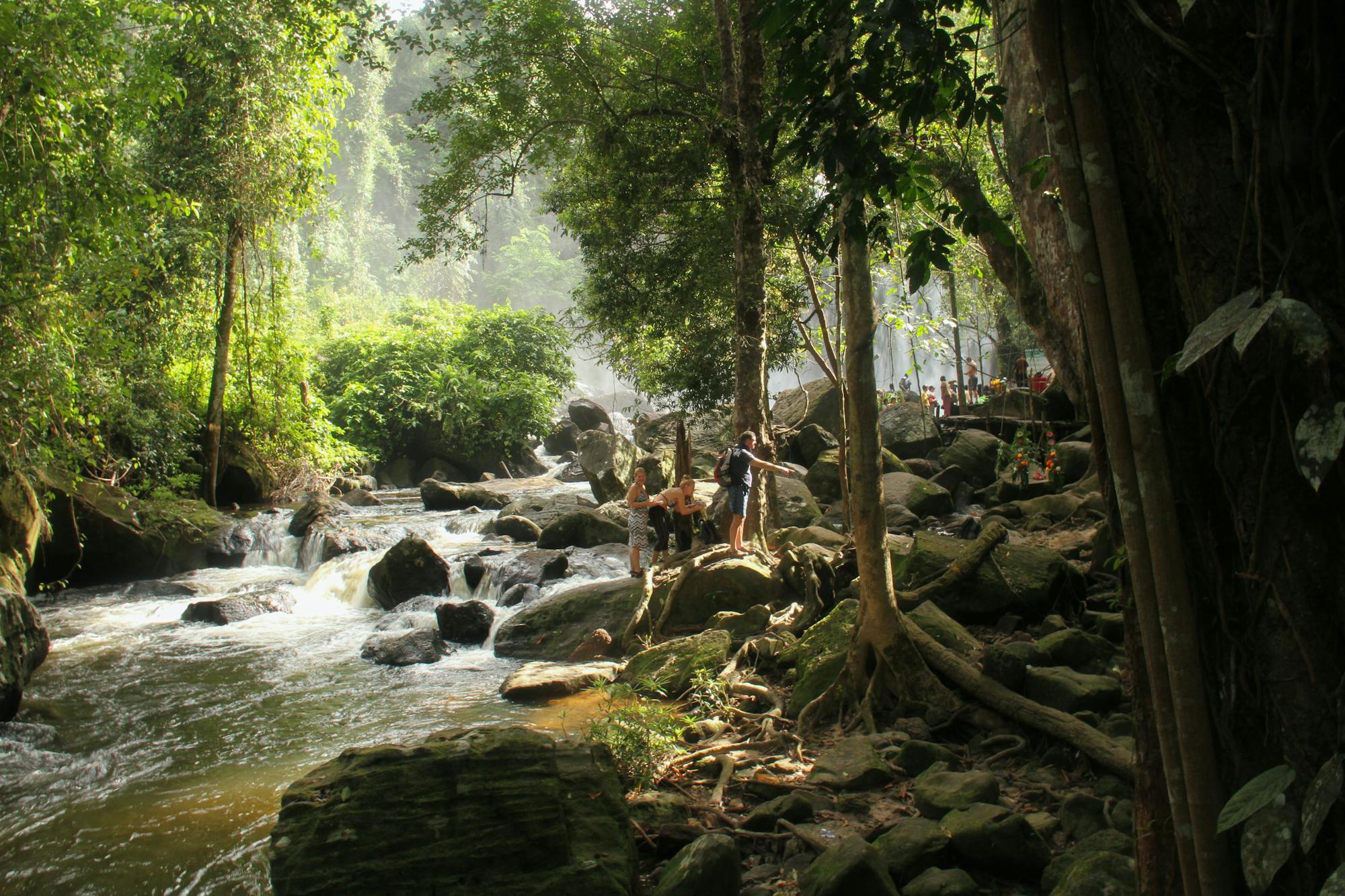 W dżungli Kambodży: Ludzie chodzą po kamieniach wzdłuż rzeki, przechodząc przez dżunglę.