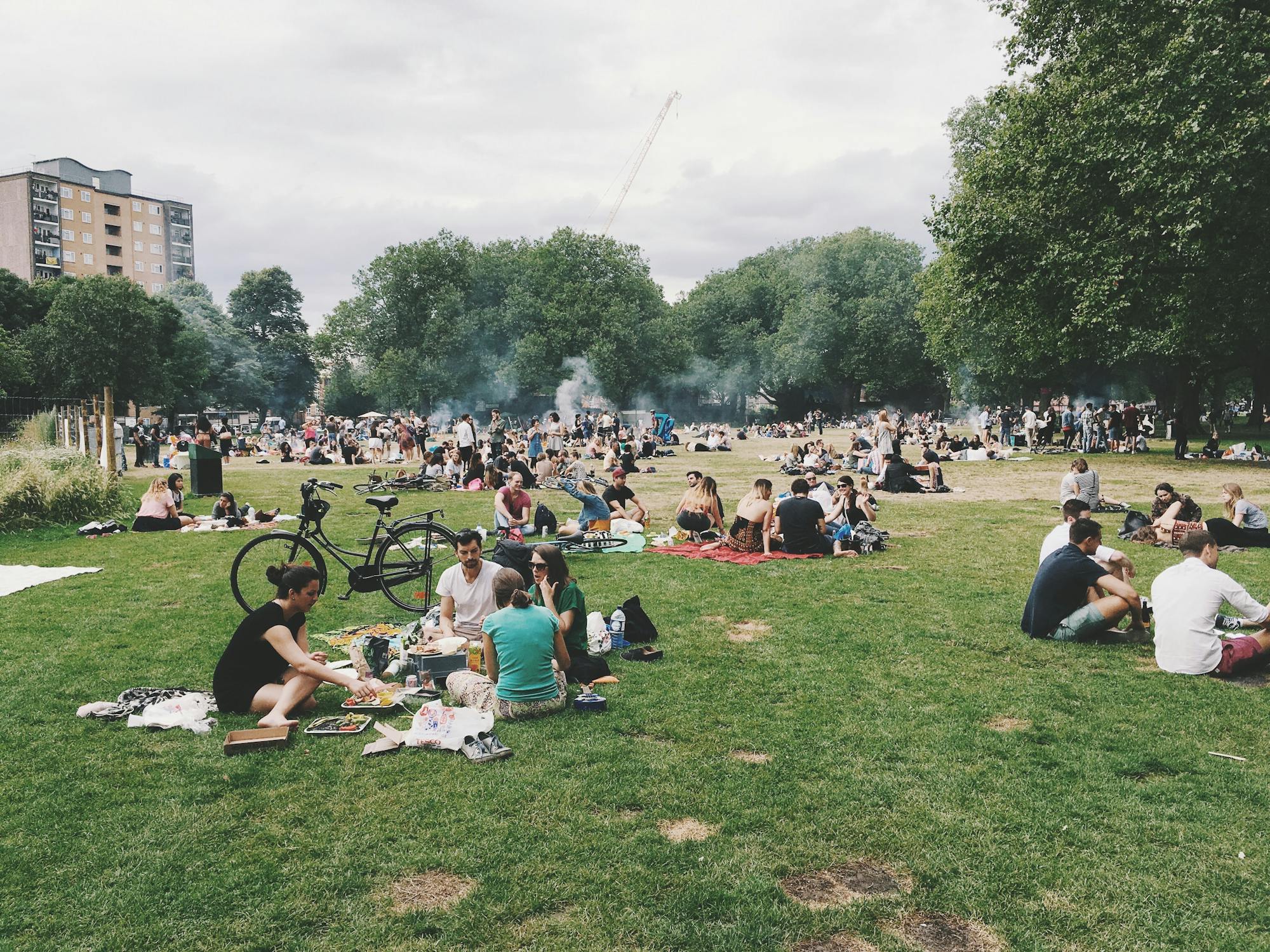 Menschen sitzen in kleinen Gruppen zusammen und genießen ihr Sommerpicknick auf einer großen Wiese. 