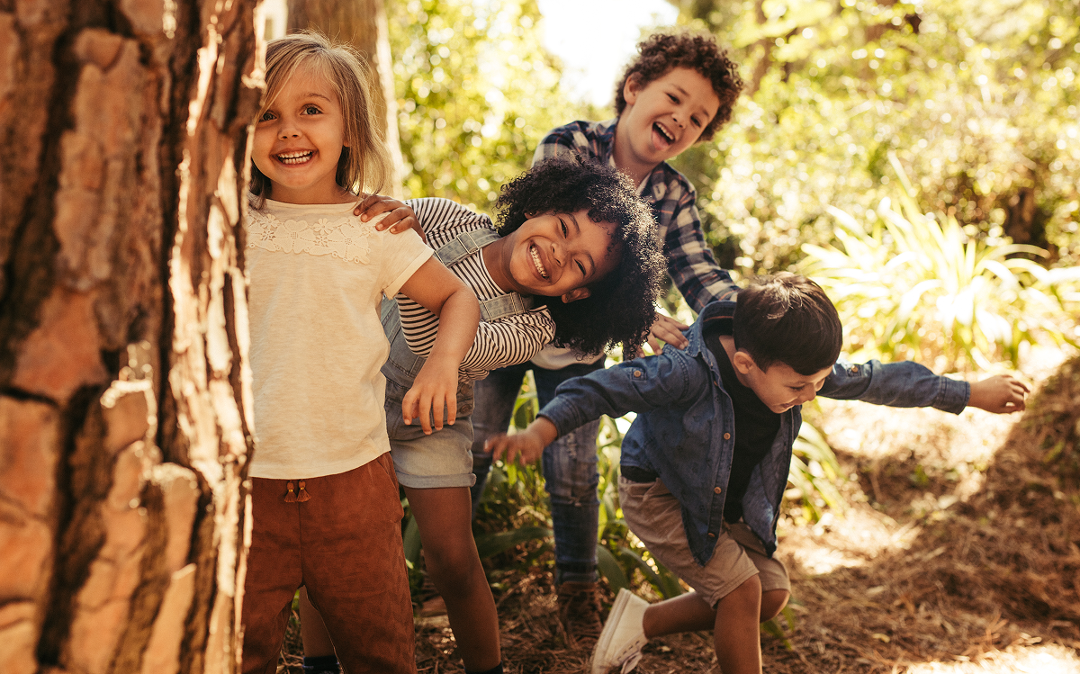 Vier Kinder spielen gemeinsam zwischen Bäumen in einem sonnigen Wald