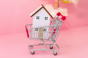 Kleines Modellhaus in einem Einkaufswagen vor rosa Hintergrund