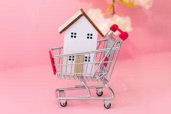 Kleines Modellhaus in einem Einkaufswagen vor rosa Hintergrund