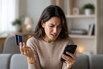 Frau hält eine Kreditkarte und blickt mit gerunzelter Stirn auf ihr Smartphone