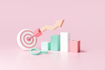 3D-Grafik mit Zielscheibe, Lupe, Säulendiagramm