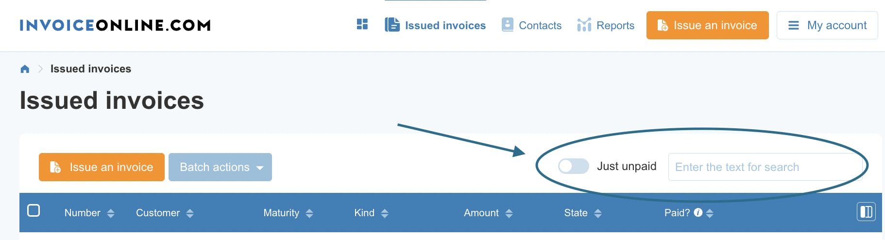 Filtering issued invoices.