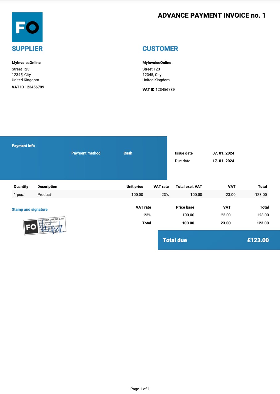Advance payment invoice template