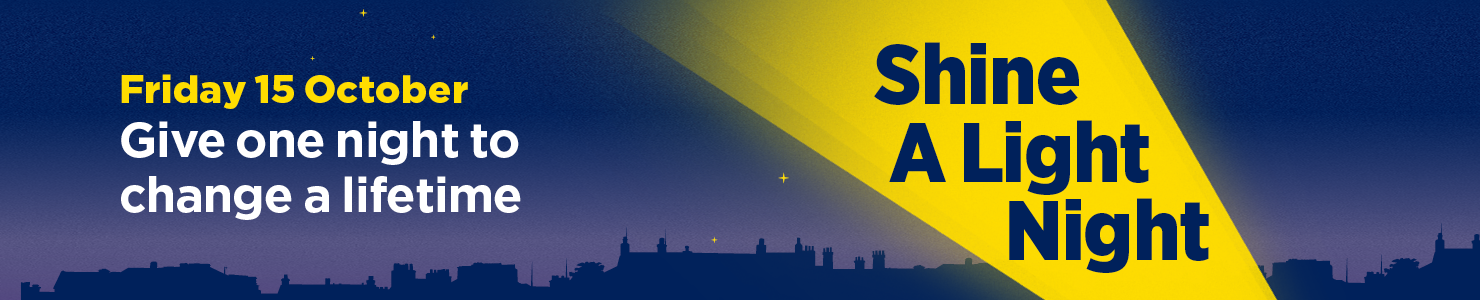 Shine a Light Night Banner - Ireland at night illustration with a yellow torch shining 'Shine a Light Night' to the right and 'Friday 15th October - Give one night to change a lifetime' on the left