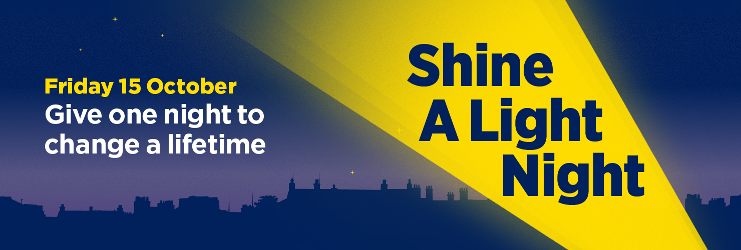 Shine a Light Night Banner - Ireland at night illustration with a yellow torch shining 'Shine a Light Night' to the right and 'Friday 15th October - Give one night to change a lifetime' on the left
