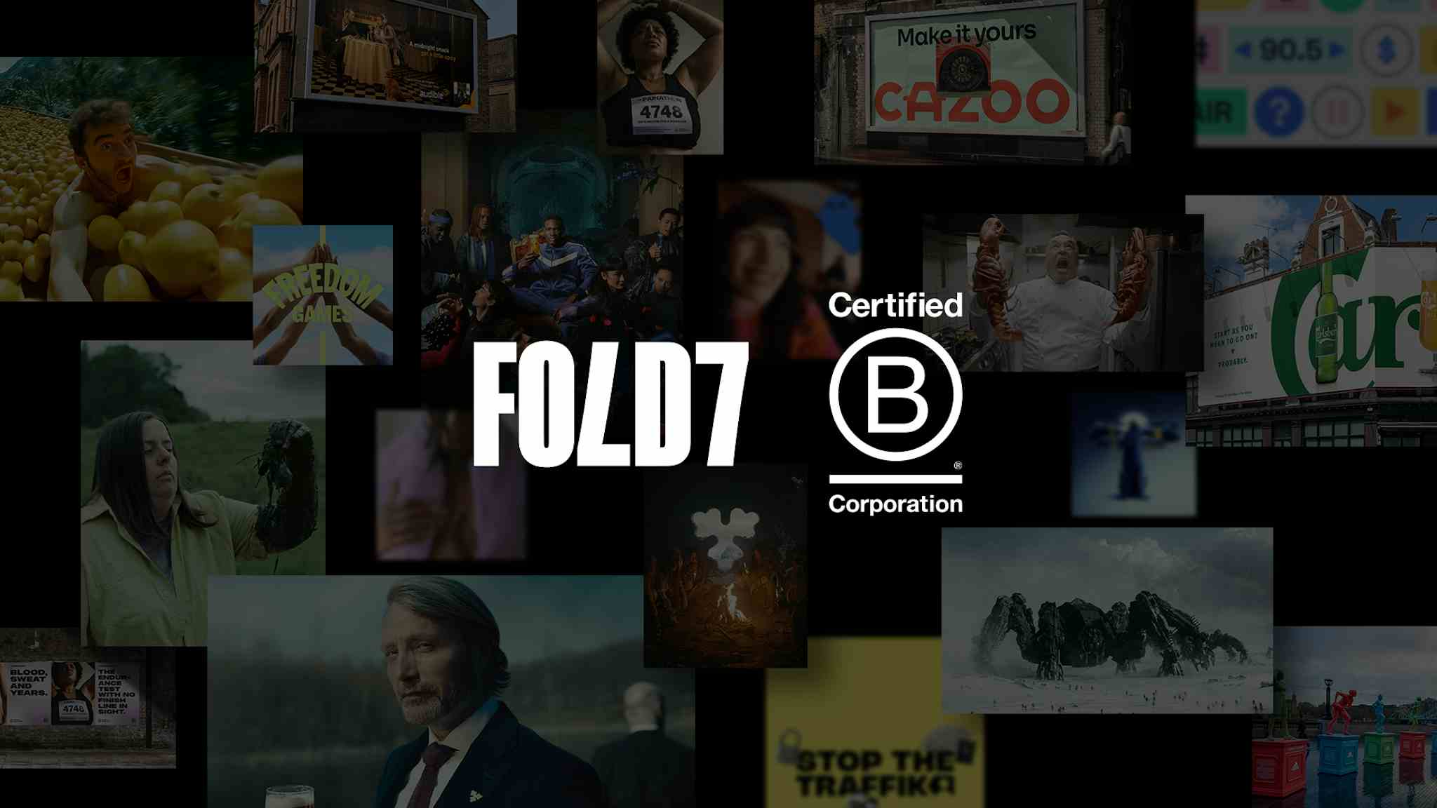 White Fold7 and B Corp logo together on an overlayed backdrop of Fold7's most iconic work
