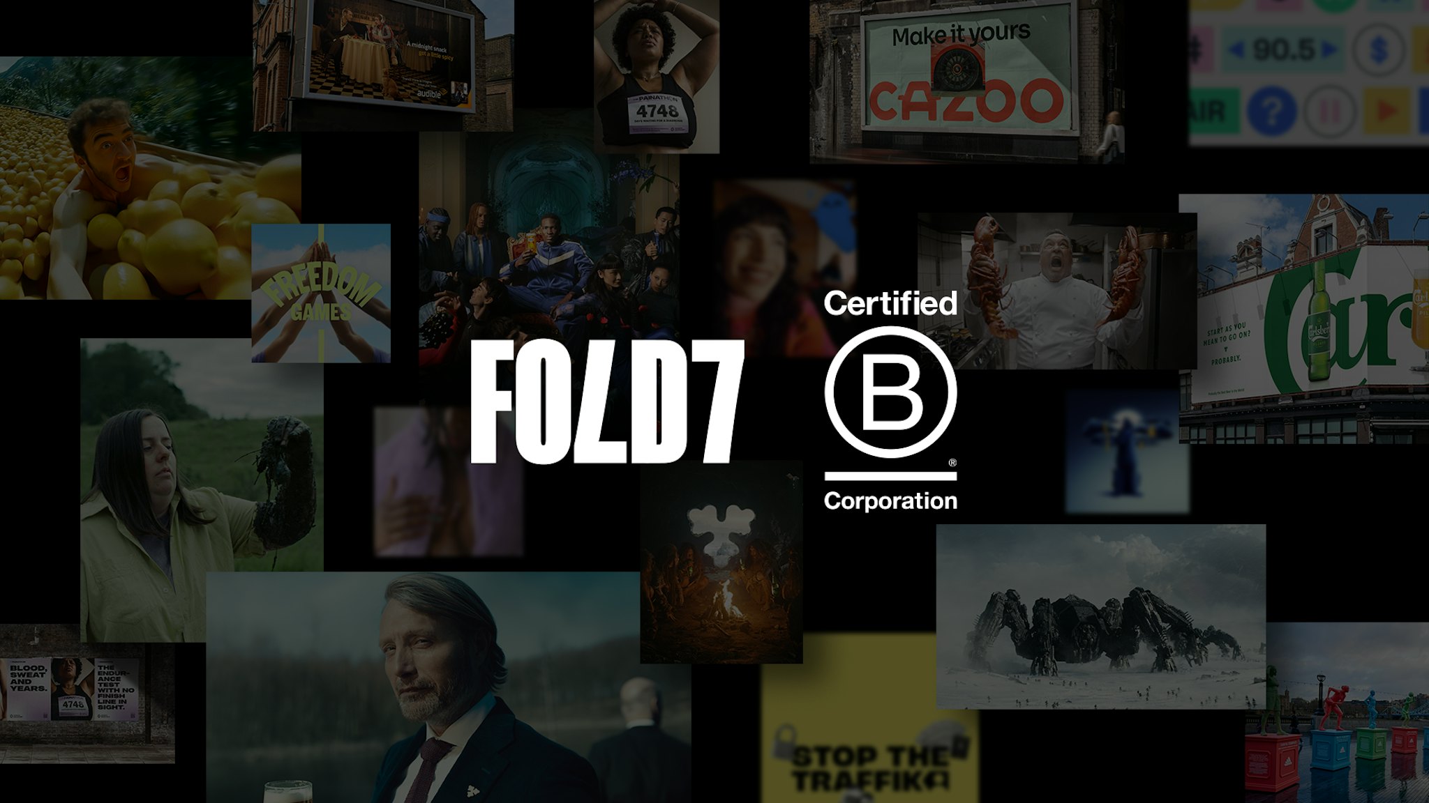 White Fold7 and B Corp logo together on an overlayed backdrop of Fold7's most iconic work