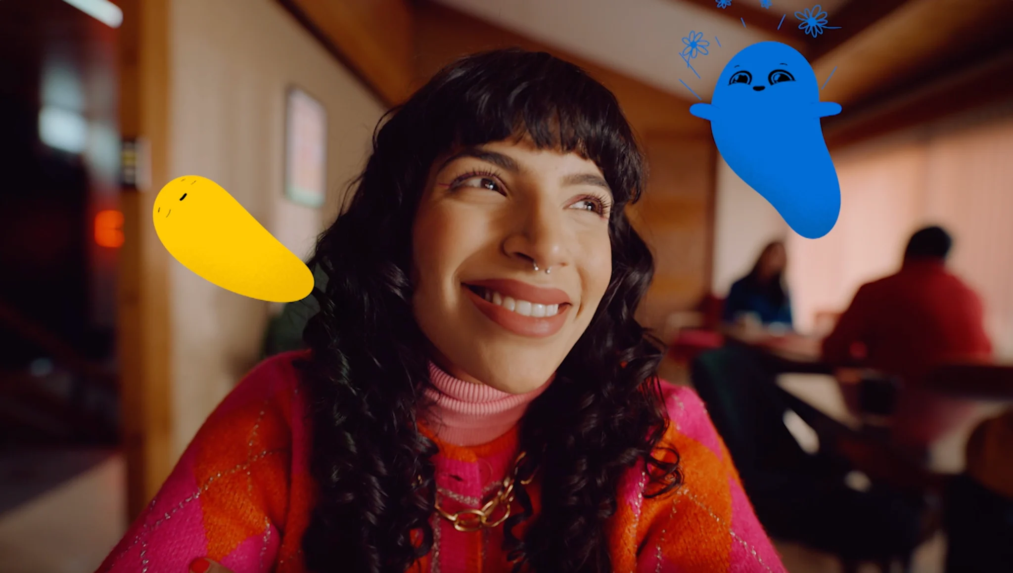 Woman smiling with graphic emotions