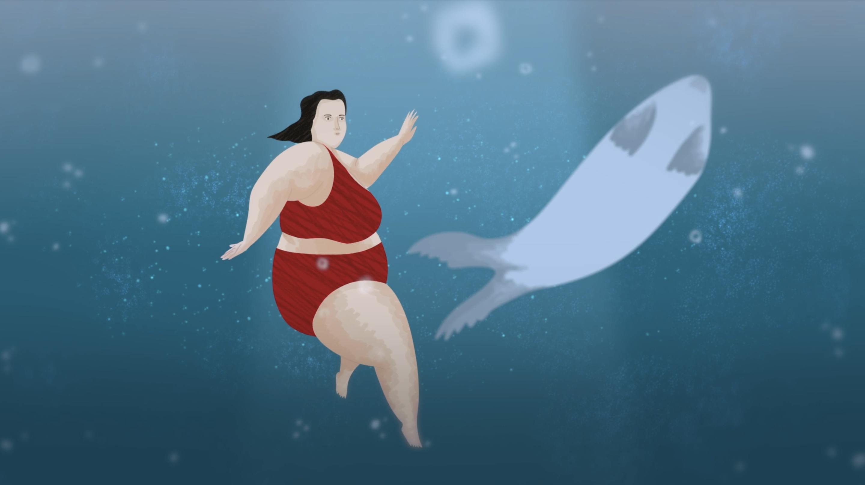 Animation woman in the sea with a creature