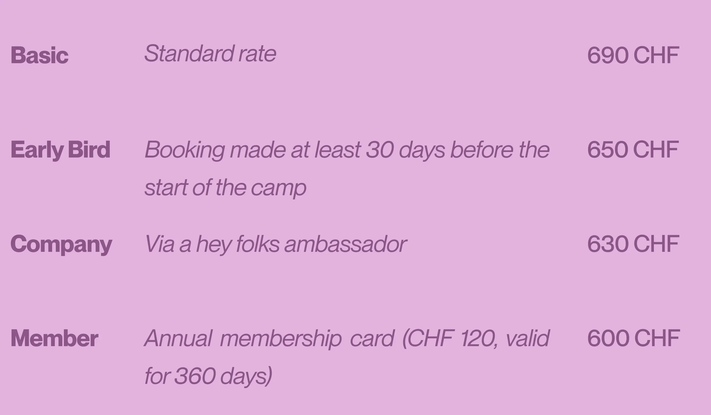 Camp Pricing & Available Options