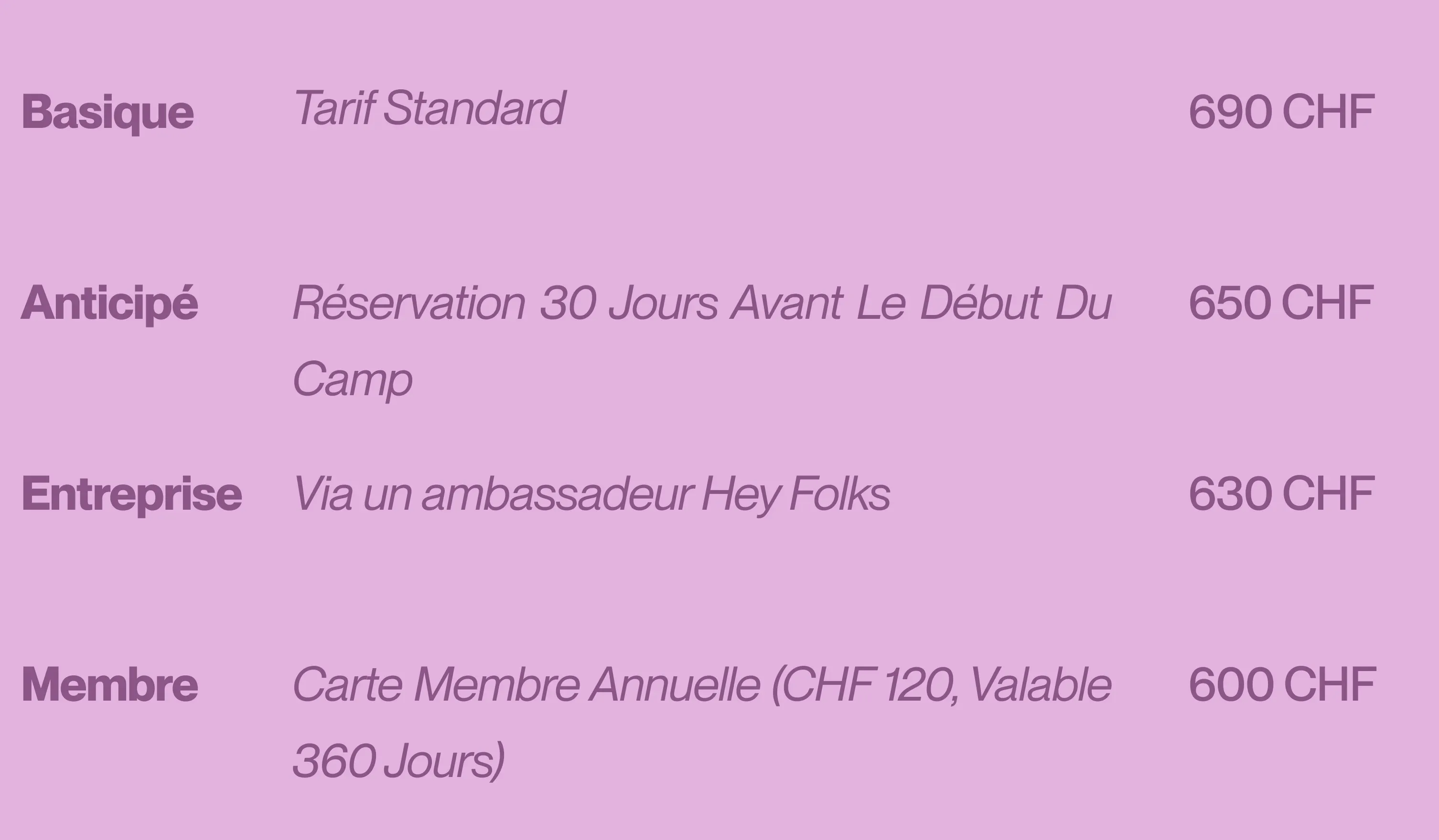 prix des camps avec les différences options