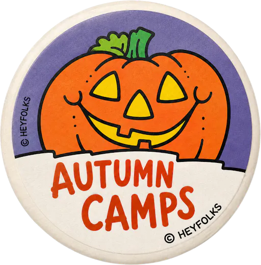 Illustration of a smiling Halloween pumpkin with the words “Autumn Camps”, representing Hey Folks’ autumn holiday camps for children.