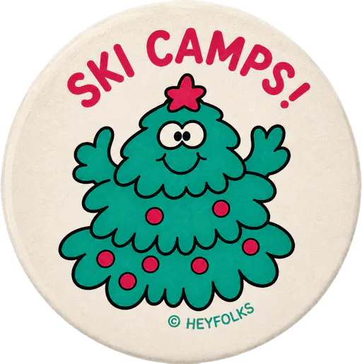 Illustration of a smiling Christmas tree with the words “Ski Camps”, representing Hey Folks’ winter ski camps for children during the school holidays.
