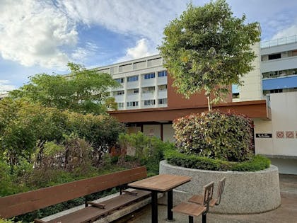 rooftop garden with bench and table in the foreground