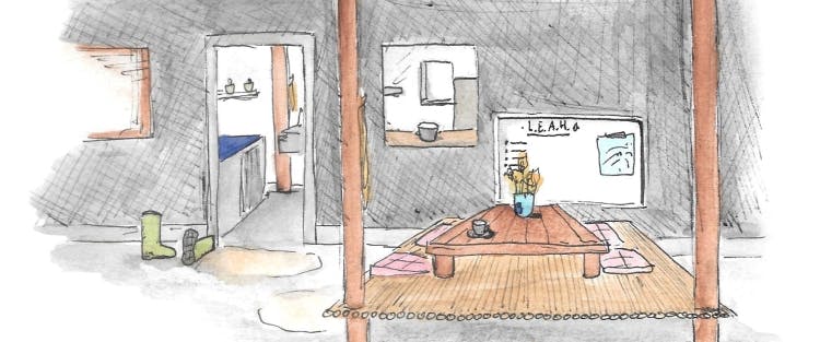 hand drawn watercolour illustration of bamboo platform in front of entrance to kitchen at Garden of L.E.A.H.