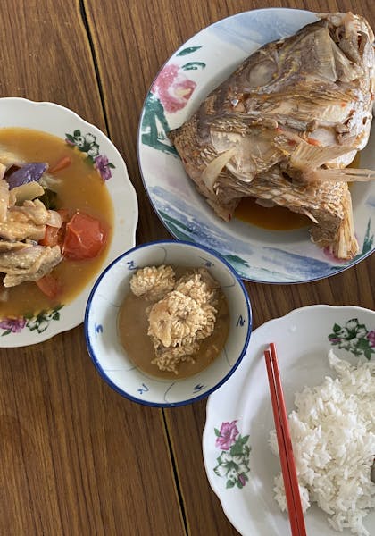 A homecooked meal by grandmother, with Assam fish that turned into three dishes.