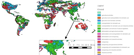 Green - Deforestation and removal of natural vegetation; Blue: Agricultural activities, GLASOD, 1991. WORLD MAP OF THE STATUS OF HUMAN-INDUCED SOIL DEGRADATION.