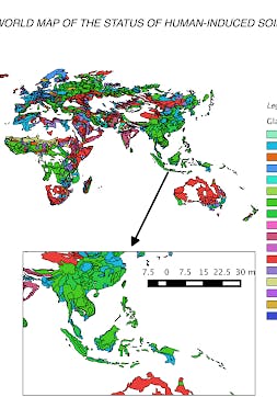 Green - Deforestation and removal of natural vegetation; Blue: Agricultural activities, GLASOD, 1991. WORLD MAP OF THE STATUS OF HUMAN-INDUCED SOIL DEGRADATION.
