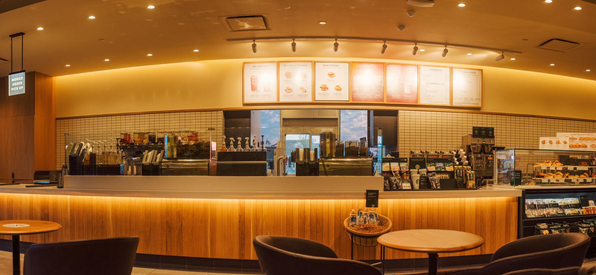 Cafe interior with an illuminated service counter