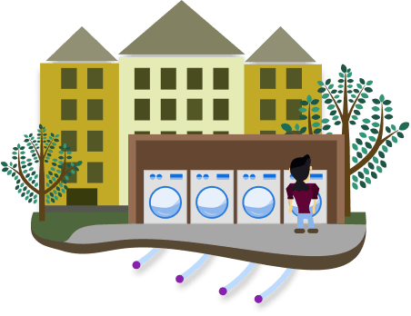 University Campus with a student using a washer and dryer machines