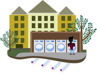 University Campus with a student using a washer and dryer machines