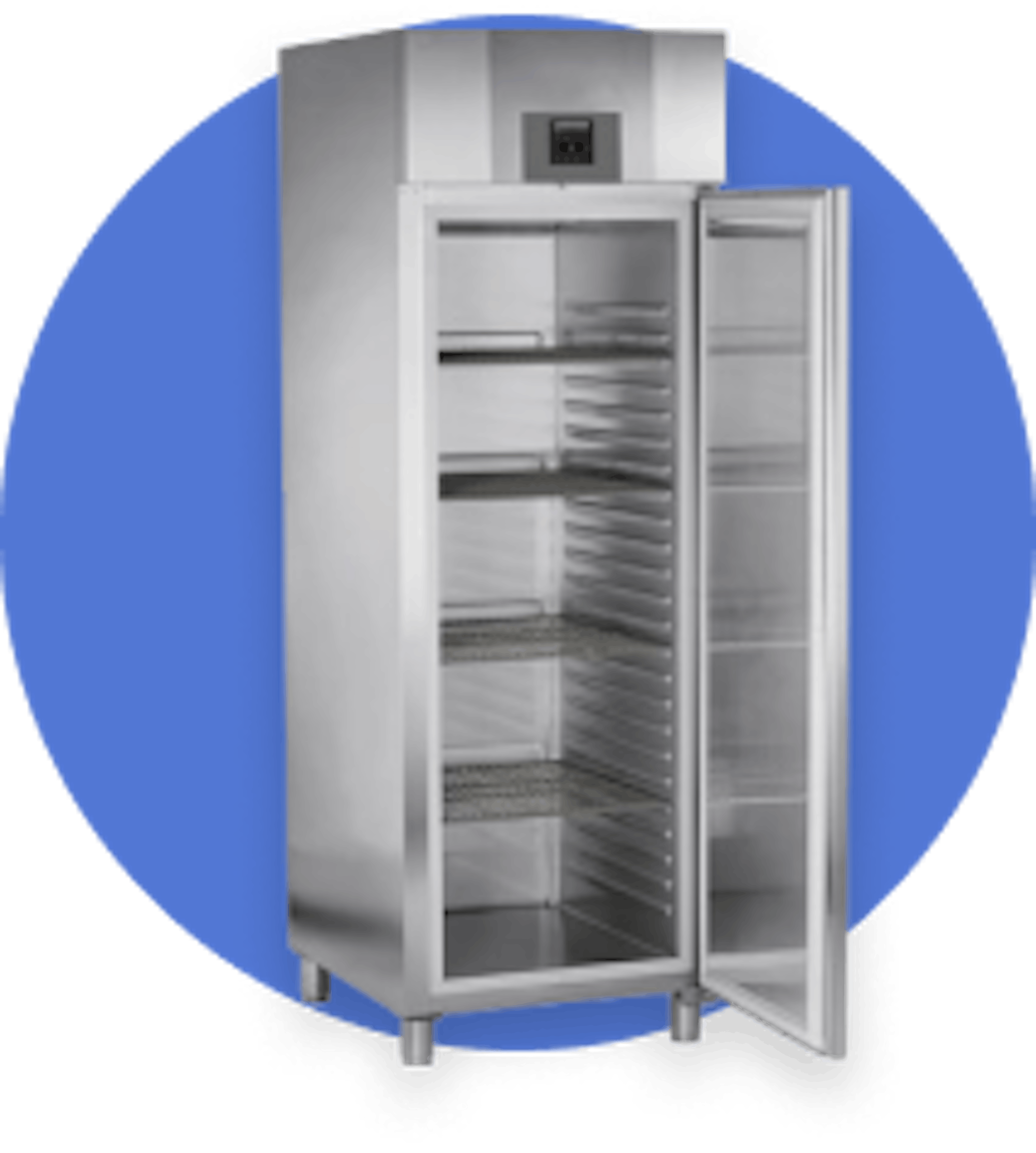 Icon with commercial refrigerator, on blue background