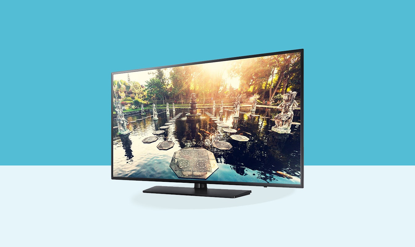 Samsung 32" Commercial Hospitality TV HG32EE690 Front View Set on blue backgroundd