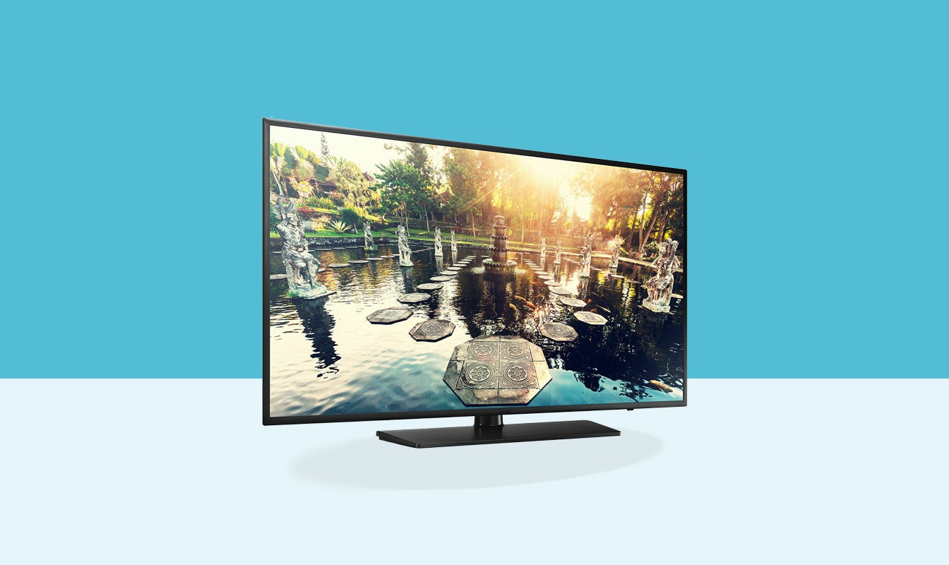 Samsung 32" Commercial Hospitality TV HG32EE690 Front Angled View Set on blue background