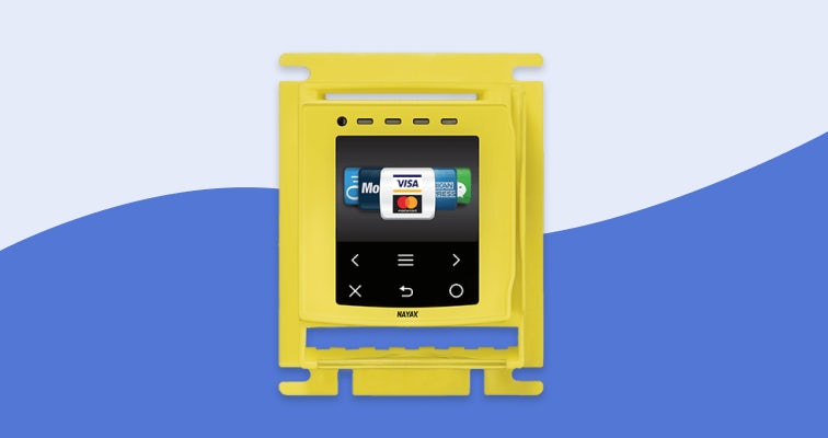Yellow smart card payment terminal device with touchscreen and credit card interface on a blue background.