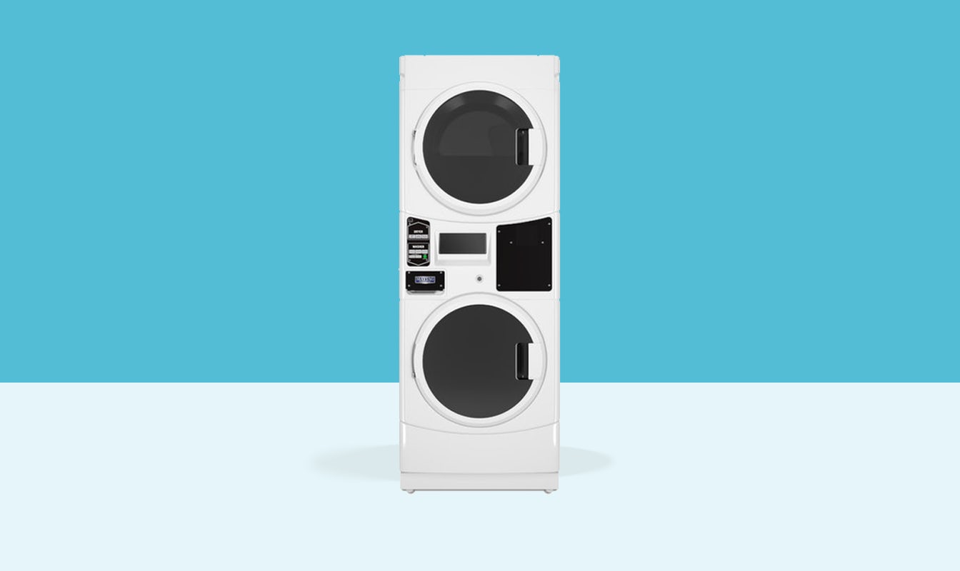 A white Maytag 9kg commercial dryer stack mle21pd