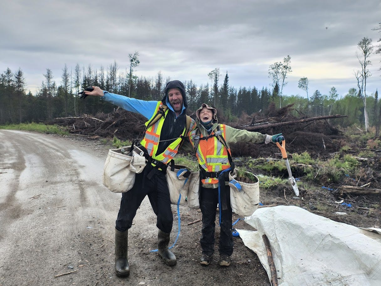 Two people holding shovels in front of a cutblock