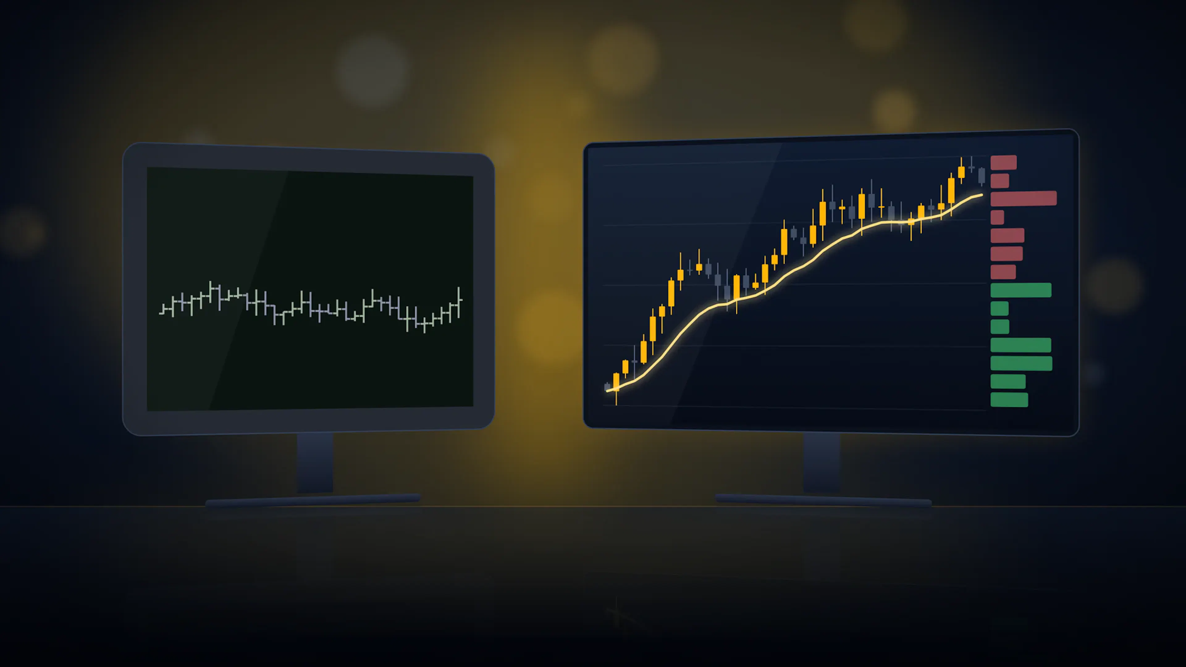 An older square monitor with a simple bar chart next to a slim widescreen monitor with candlesticks and market depth.