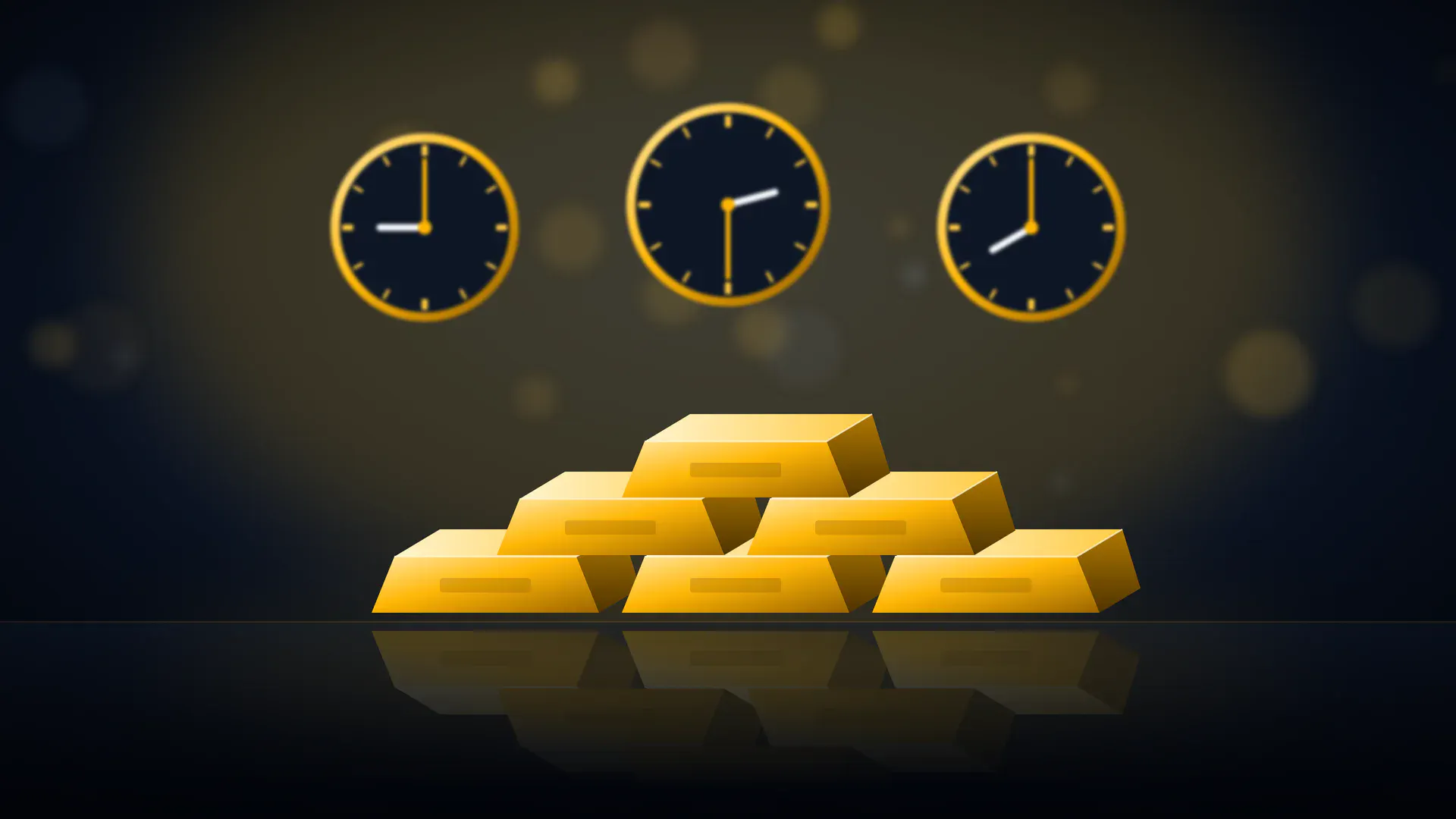 Stacked gold bars on a dark reflective surface in front of three wall clocks showing different times.