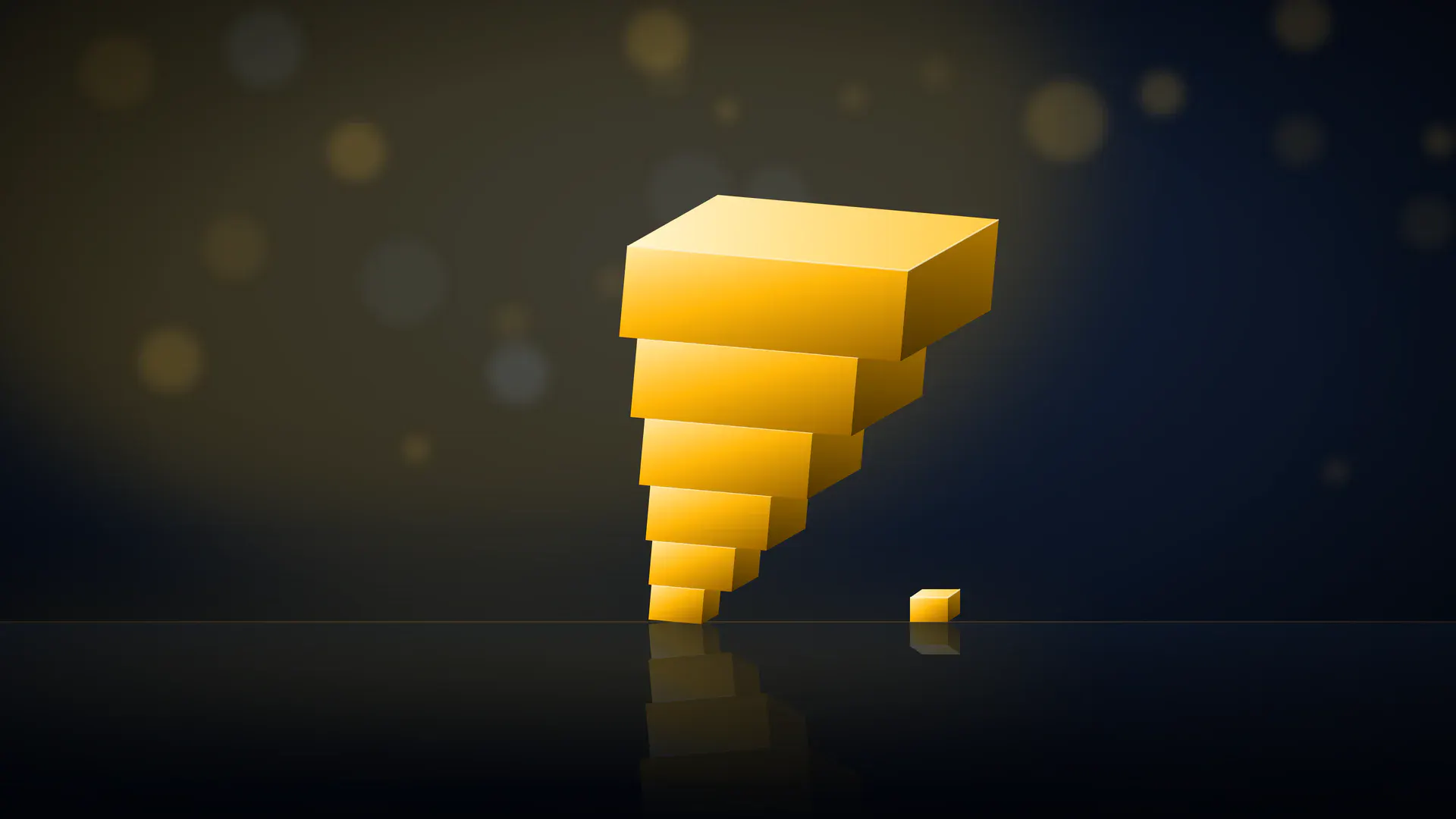 A leaning tower of gold blocks, each block bigger than the one below, balanced on a small block over a dark reflective floor.