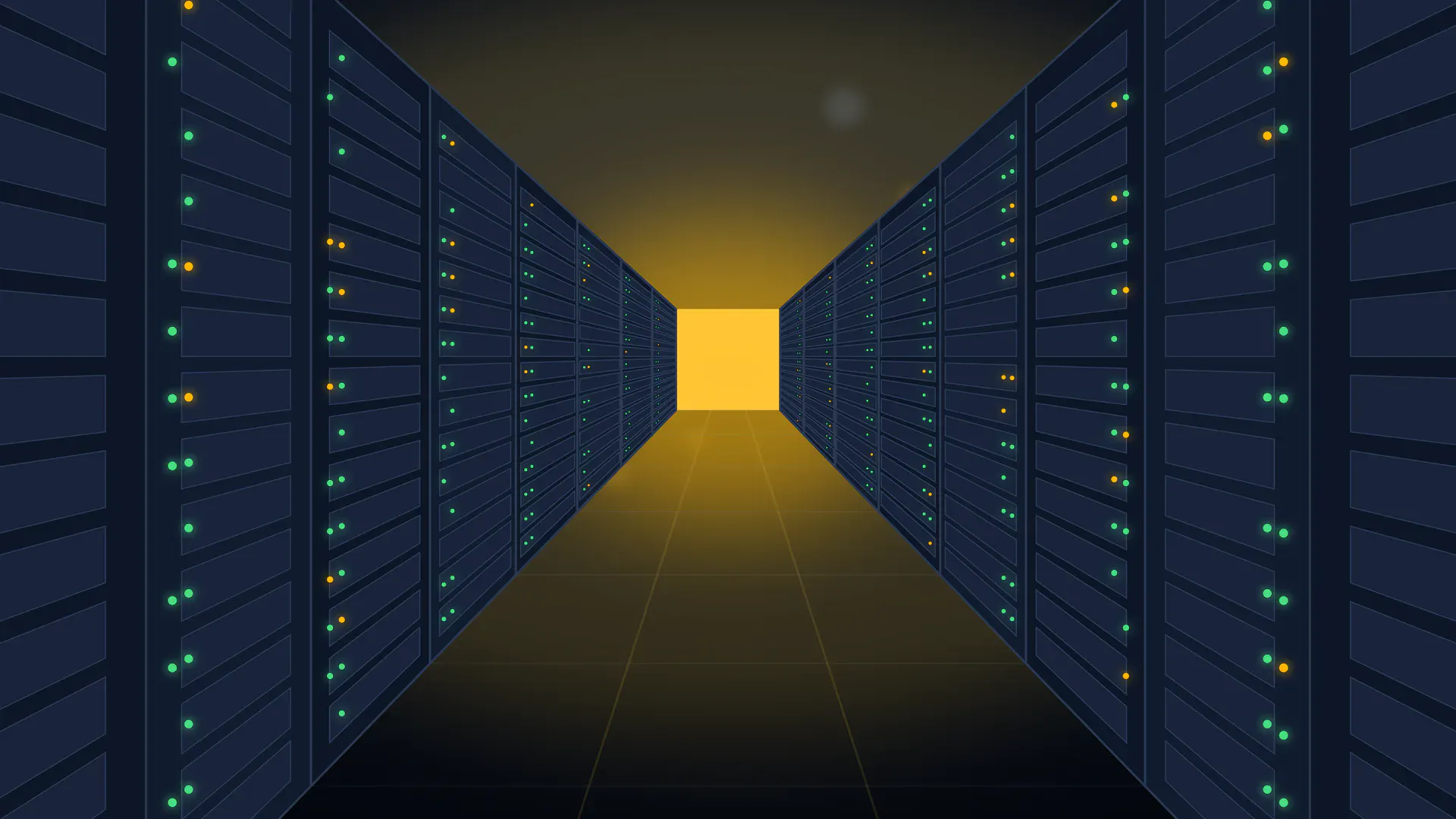 An aisle of server racks with green status lights leading to a warm gold light at the far end.