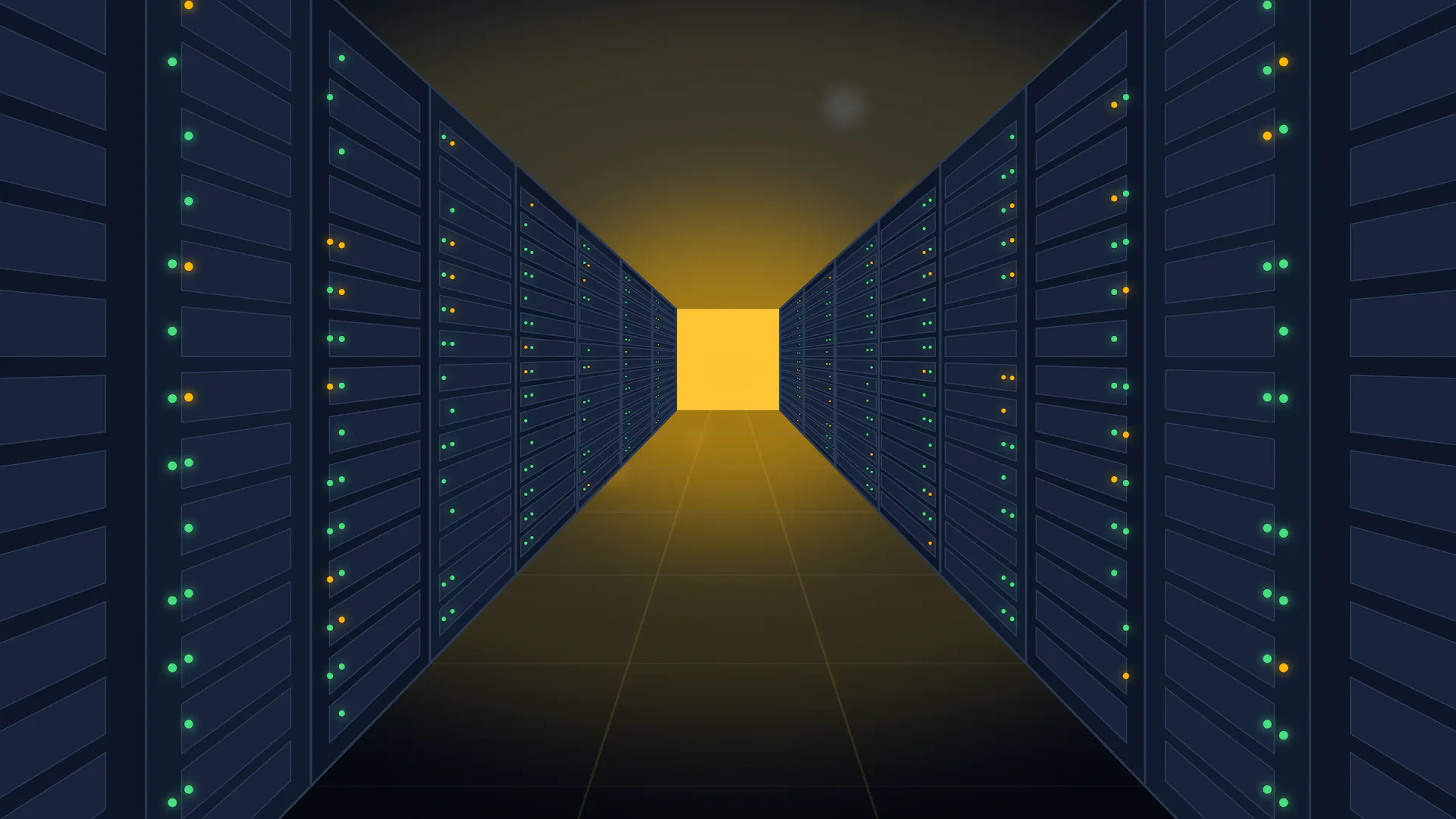 An aisle of server racks with green status lights leading to a warm gold light at the far end.