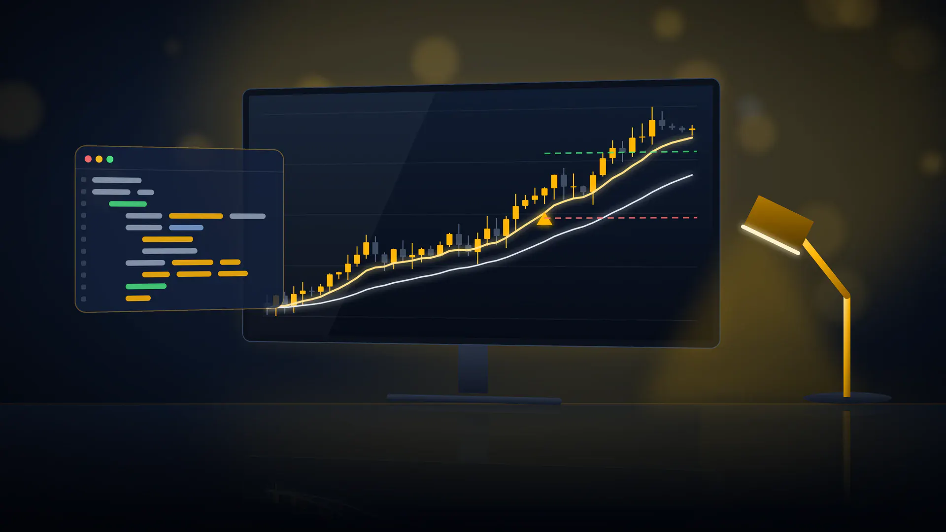 A trading monitor at night showing a candlestick chart with an entry, stop and target, beside a code panel and a gold desk lamp.
