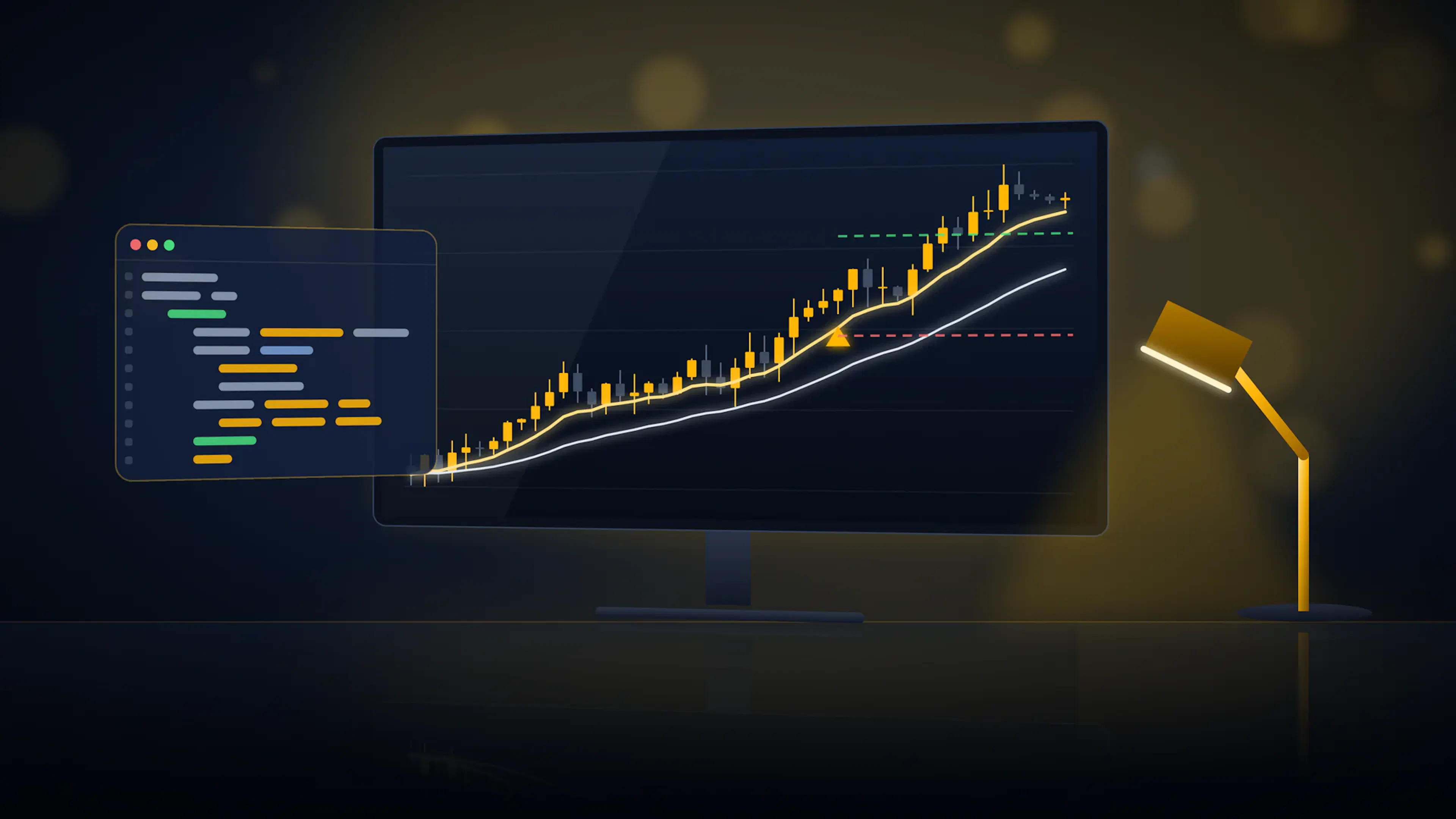 A trading monitor at night showing a candlestick chart with an entry, stop and target, beside a code panel and a gold desk lamp.
